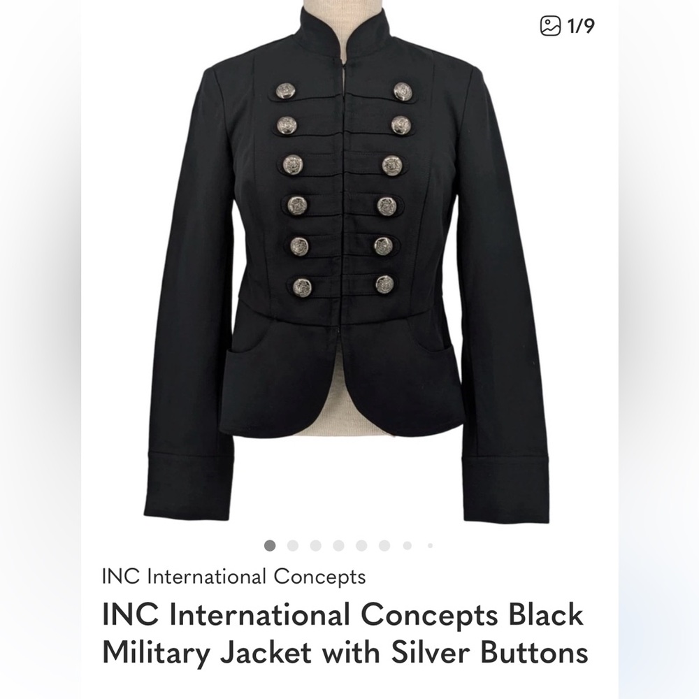 INC International Concepts Black Military-Style Jacket with Silver Buttons